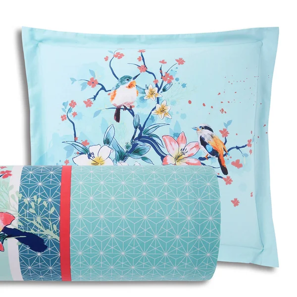 Linge de lit Birdy en coton imprimé oiseaux, lagon