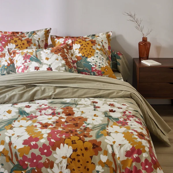 Linge de lit Capucine en coton imprimé, grège