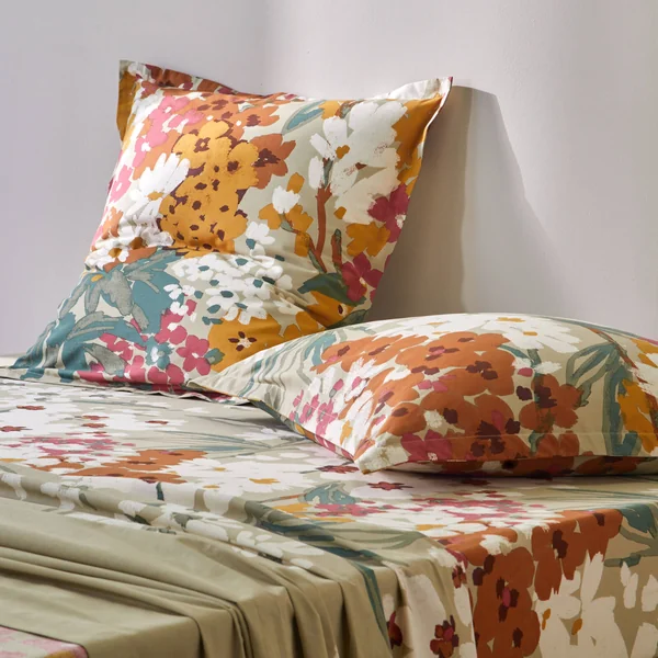 Linge de lit Capucine en coton imprimé, grège