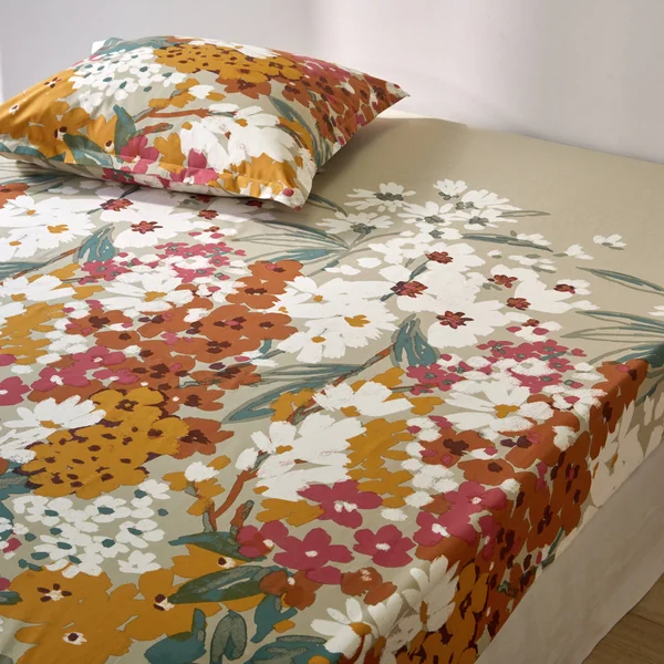 Linge de lit Capucine en coton imprimé, grège