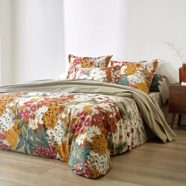 Linge de lit Capucine en coton imprimé, grège