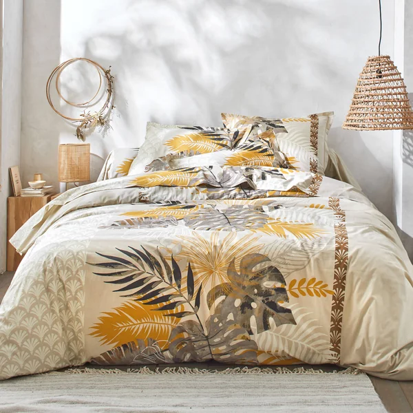 Linge de lit Cayenne en coton imprimé feuilles de palmiers, beige