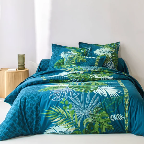 Linge de lit Cayenne en coton imprimé feuilles de palmiers, vert