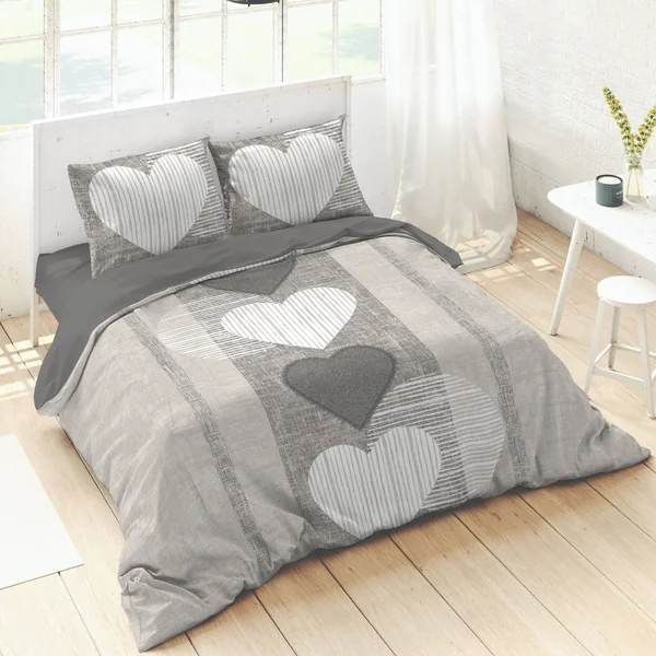 Linge de lit coeurs coton, écru / gris