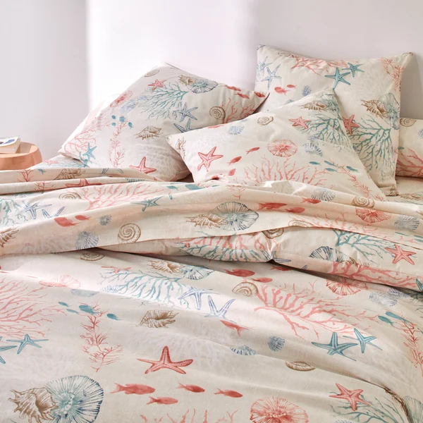 Linge de lit Coraux en coton imprimé, écru