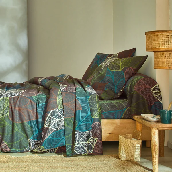 Linge de lit Elsa en polycoton à motifs feuilles, vert