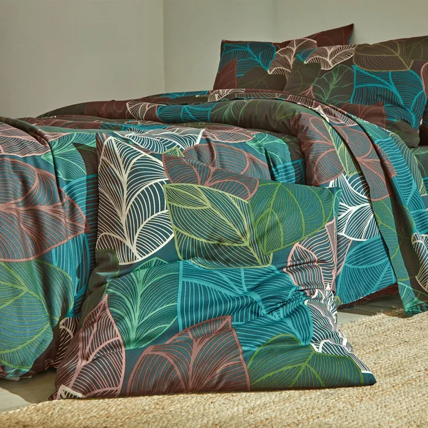 Linge de lit Elsa en polycoton à motifs feuilles, vert