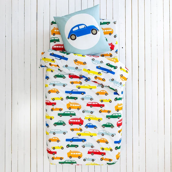 Linge de lit enfant Vroum coton - Imprimé voitures, blanc