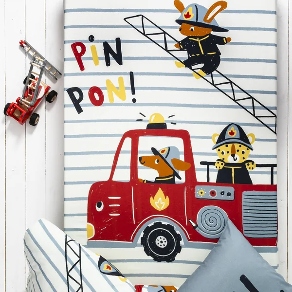 Linge de lit enfant à motifs Pompiers en coton, bleu ciel
