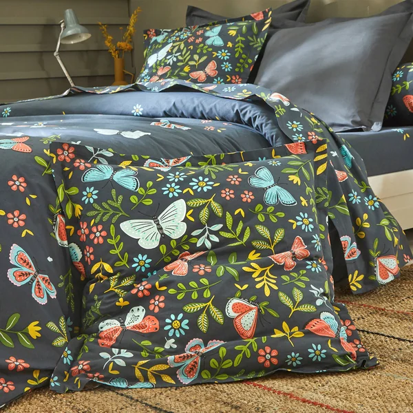 Linge de lit Envolée en coton à motifs papillons, bleu marine