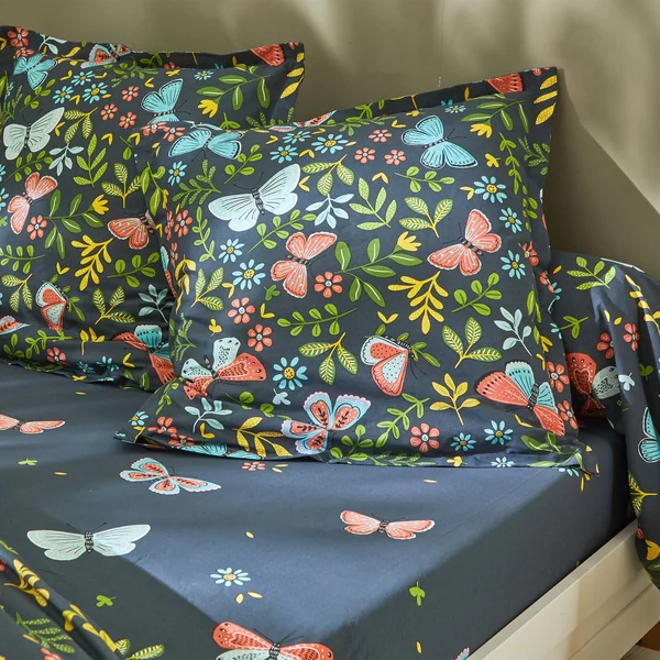 Linge de lit Envolée en coton à motifs papillons, bleu marine