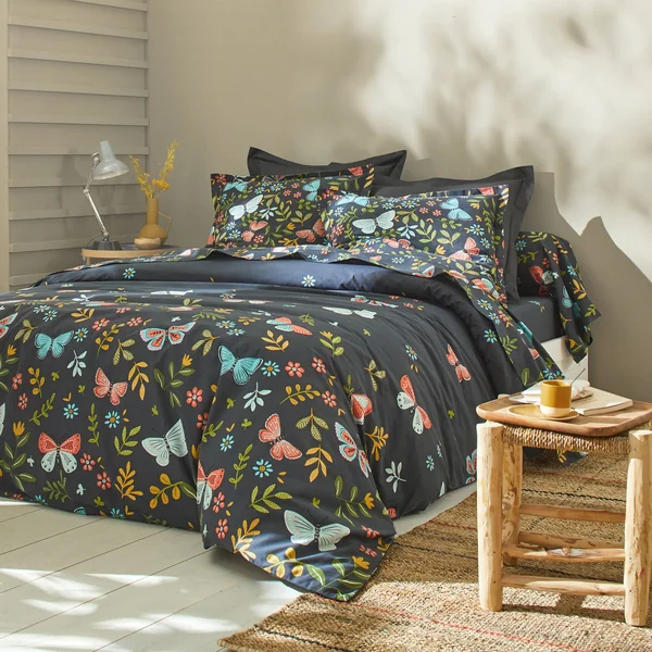 Linge de lit Envolée en coton à motifs papillons, bleu marine