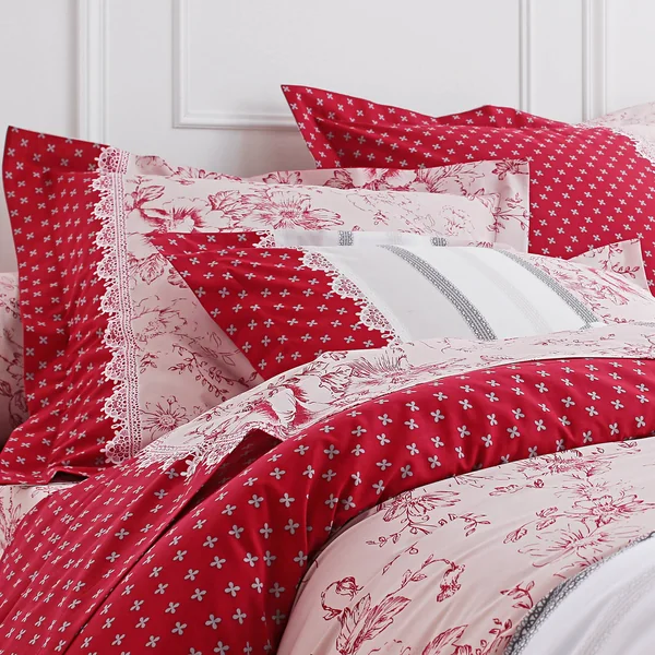 Linge de lit Gabrielle en coton imprimé pois, fleurs et dentelle, rouge