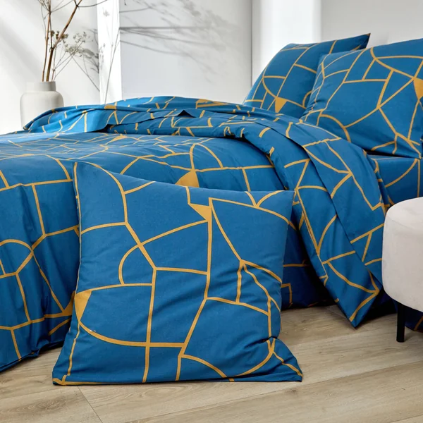 Linge de lit Geoffroy en coton à motifs graphiques, bleu paon