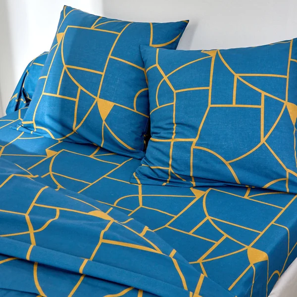 Linge de lit Geoffroy en coton à motifs graphiques, bleu paon