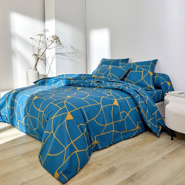 Linge de lit Geoffroy en coton à motifs graphiques, bleu paon