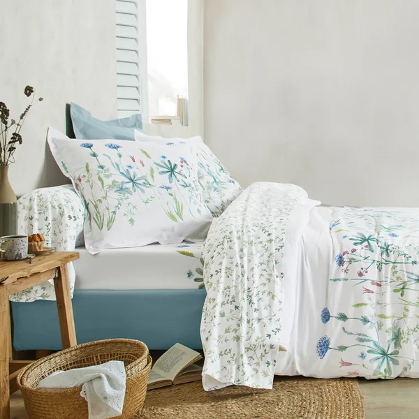 Linge de lit Julie en coton imprimé herbier, blanc