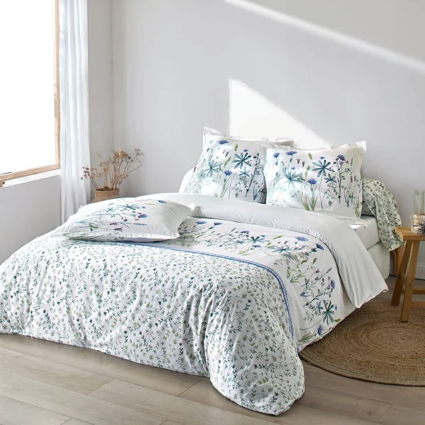 Linge de lit Julie en coton imprimé herbier, blanc