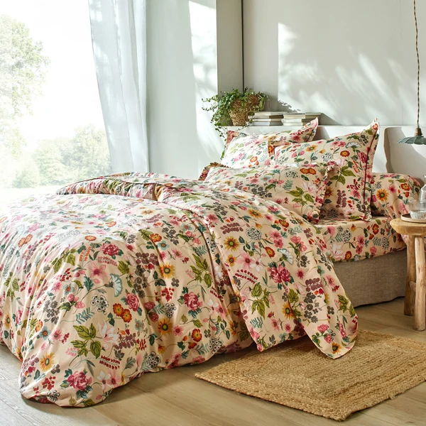 Linge de lit Kelly en coton imprimé floral, beige