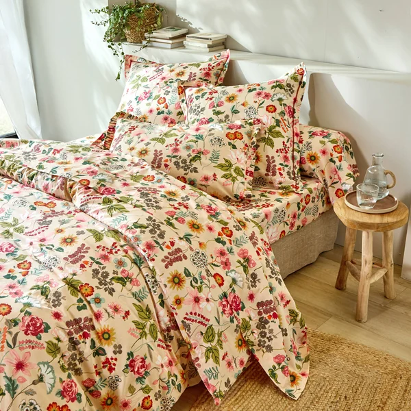 Linge de lit Kelly en coton imprimé floral, beige