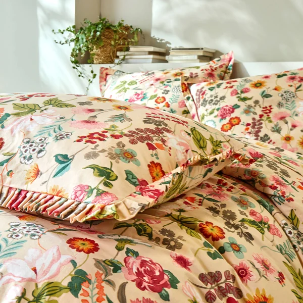 Linge de lit Kelly en coton imprimé floral, beige
