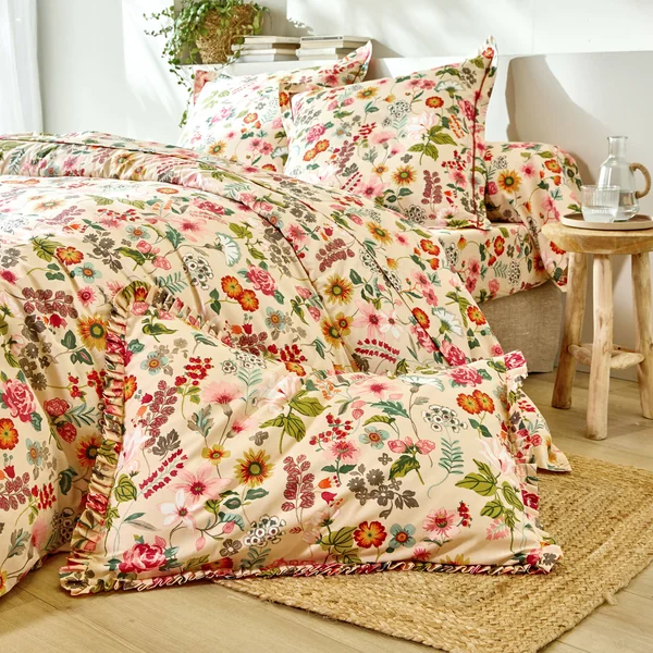 Linge de lit Kelly en coton imprimé floral, beige