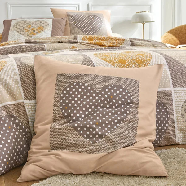 Linge de lit Lovely en flanelle imprimé coeurs , beige / caramel