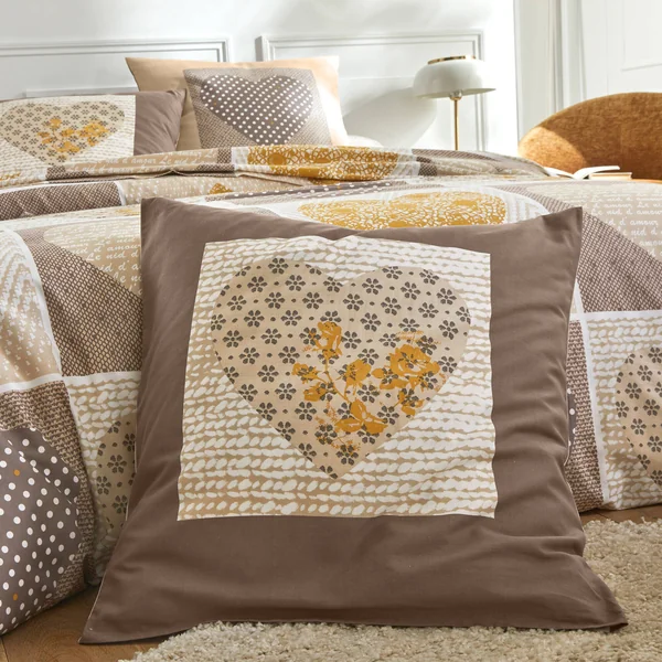 Linge de lit Lovely en flanelle imprimé coeurs , beige / caramel