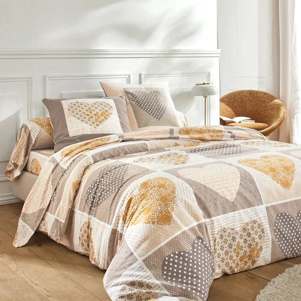 Linge de lit Lovely en flanelle imprimé coeurs , beige / caramel