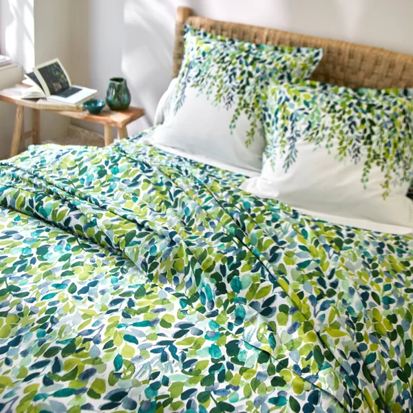Linge de lit Léonie en coton imprimé végétal, écru / vert