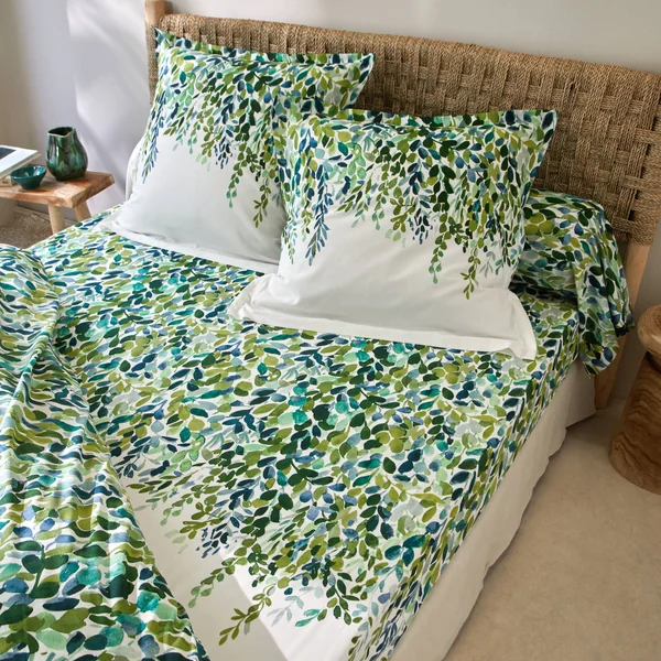 Linge de lit Léonie en coton imprimé végétal, écru / vert