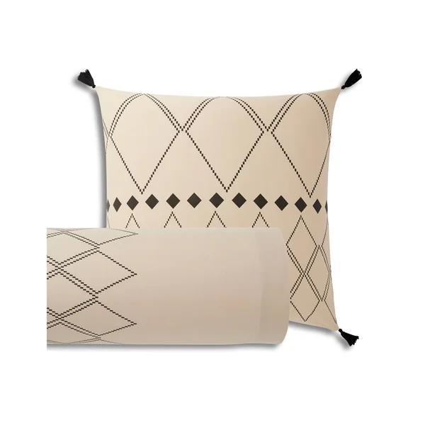 Linge de lit Massaï coton à motifs graphiques et finitions pompons, beige