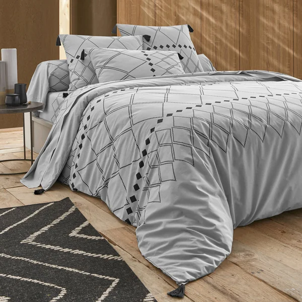 Linge de lit Massaï coton à motifs graphiques et finitions pompons, gris