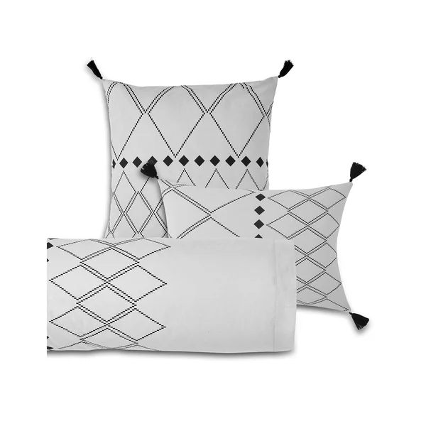 Linge de lit Massaï coton à motifs graphiques et finitions pompons, gris