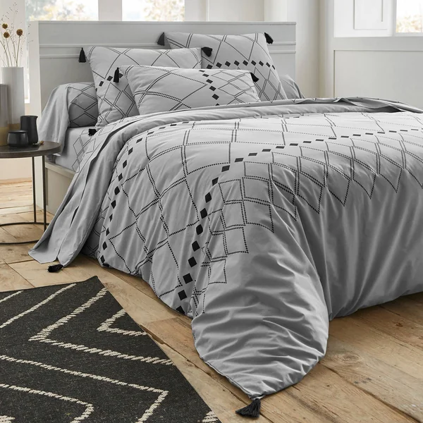 Linge de lit Massaï coton à motifs graphiques et finitions pompons, gris