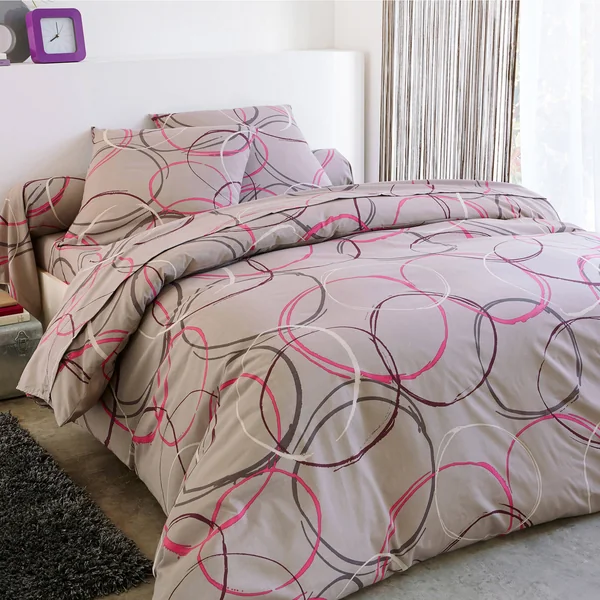 Linge de lit Noémie polycoton imprimé cercles, taupe grisé