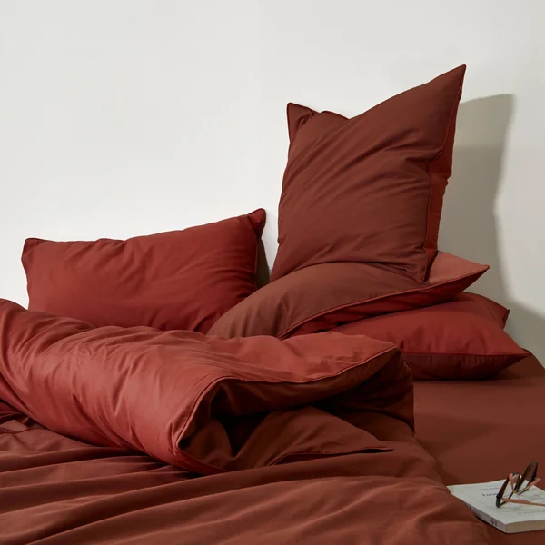 Linge de lit uni bicolore coton, cannelle / terracotta
