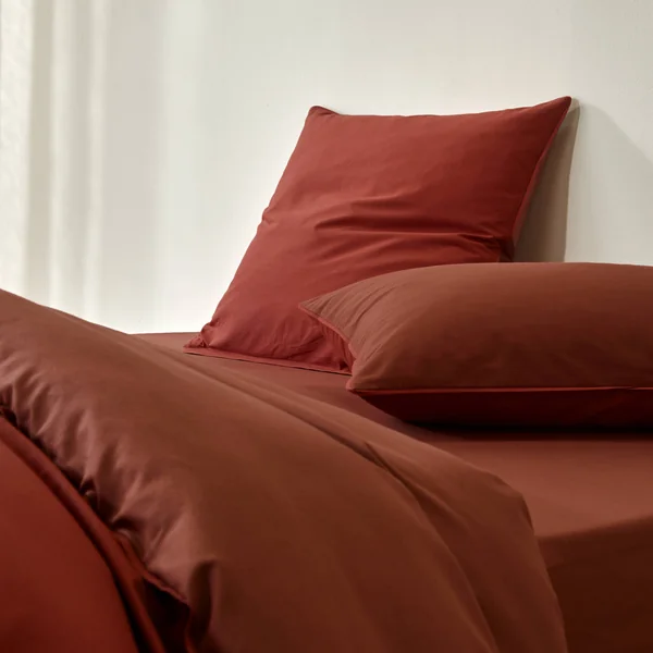 Linge de lit uni bicolore coton, cannelle / terracotta