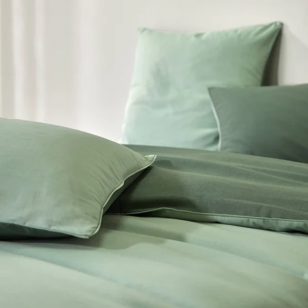 Linge de lit uni bicolore coton, eucalyptus / vert amande