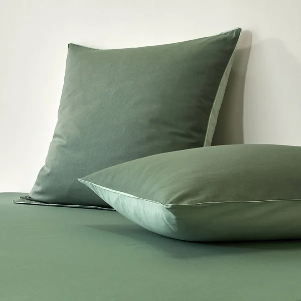 Linge de lit uni bicolore coton, eucalyptus / vert amande