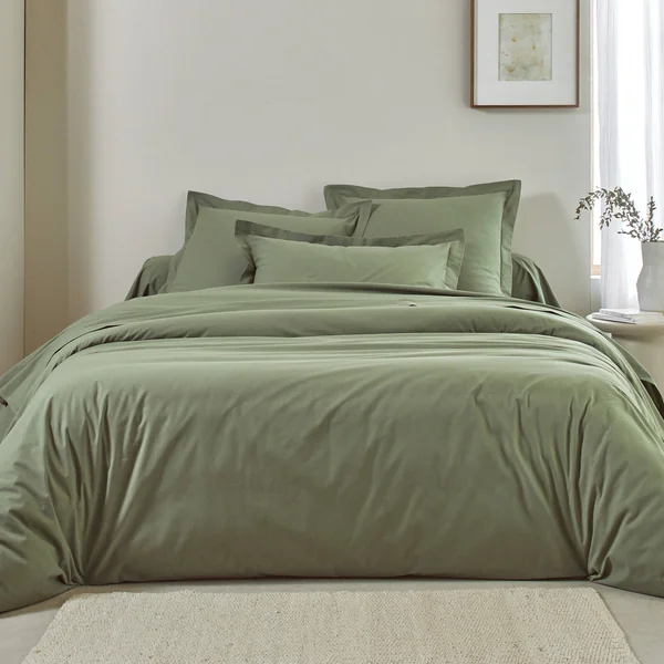 Linge de lit uni - coton bio**, vert olive