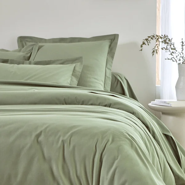 Linge de lit uni - coton bio**, vert olive