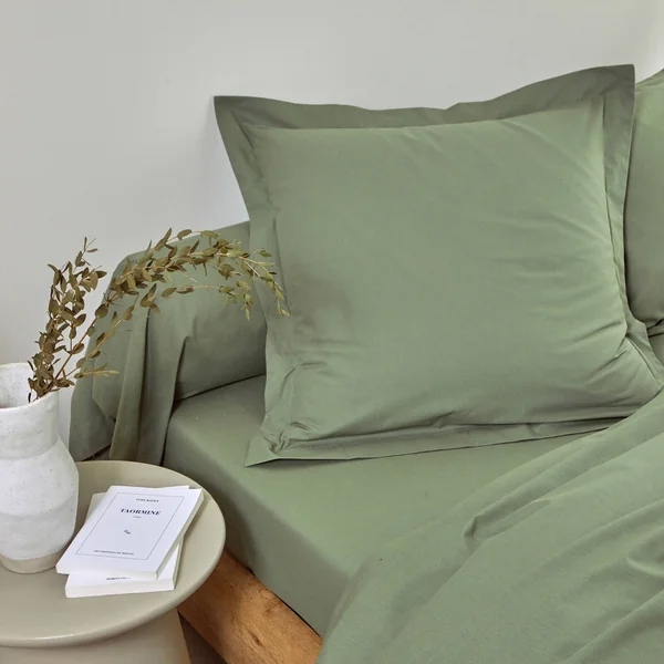 Linge de lit uni - coton bio**, vert olive