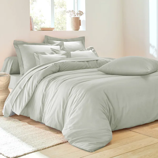 Linge de lit uni coton, gris perle