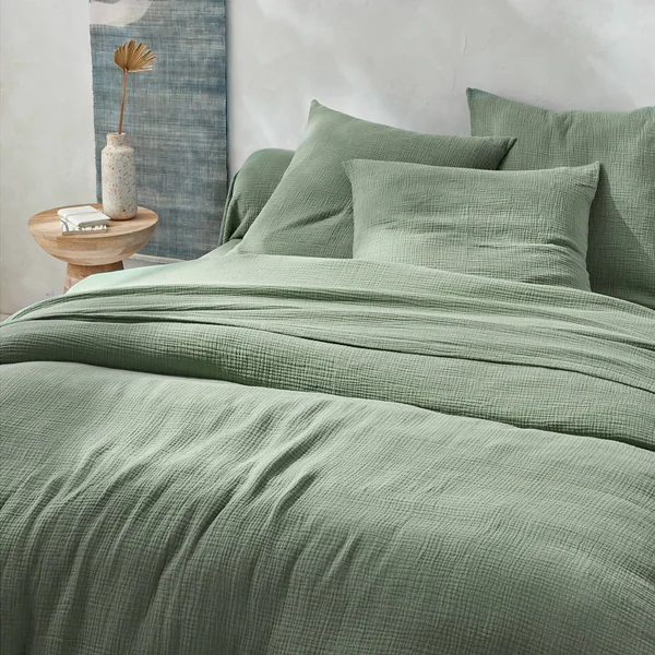 Linge de lit uni en triple gaze de coton, vert