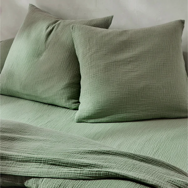 Linge de lit uni en triple gaze de coton, vert