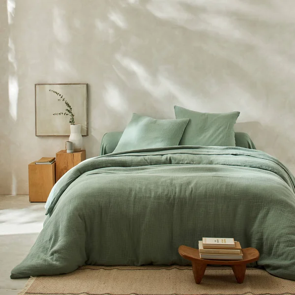 Linge de lit uni en triple gaze de coton, vert