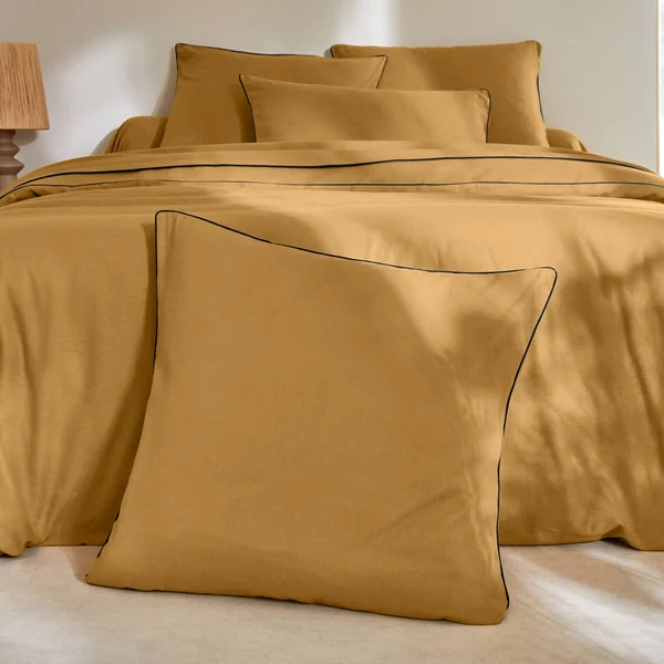 Linge de lit uni flanelle passepoil contrasté, collection "Intemporelle", bronze