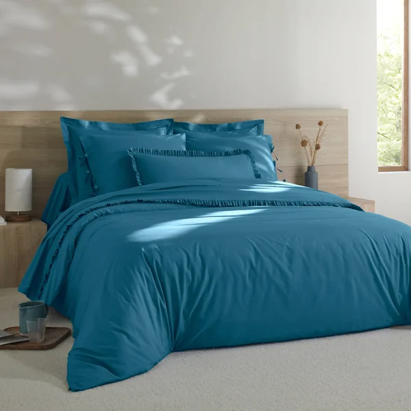 Linge de lit uni percale, bleu paon