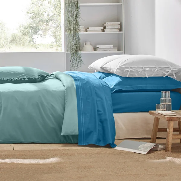 Linge de lit uni percale, bleu paon